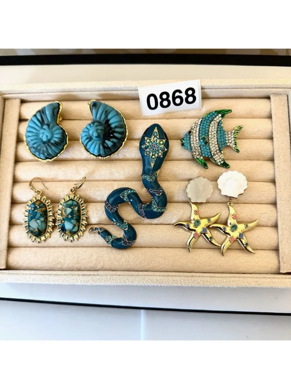 Costume Jewelry Lot Snake Pendant Brooch Pin Pierced Earrings Fish Shells Beach